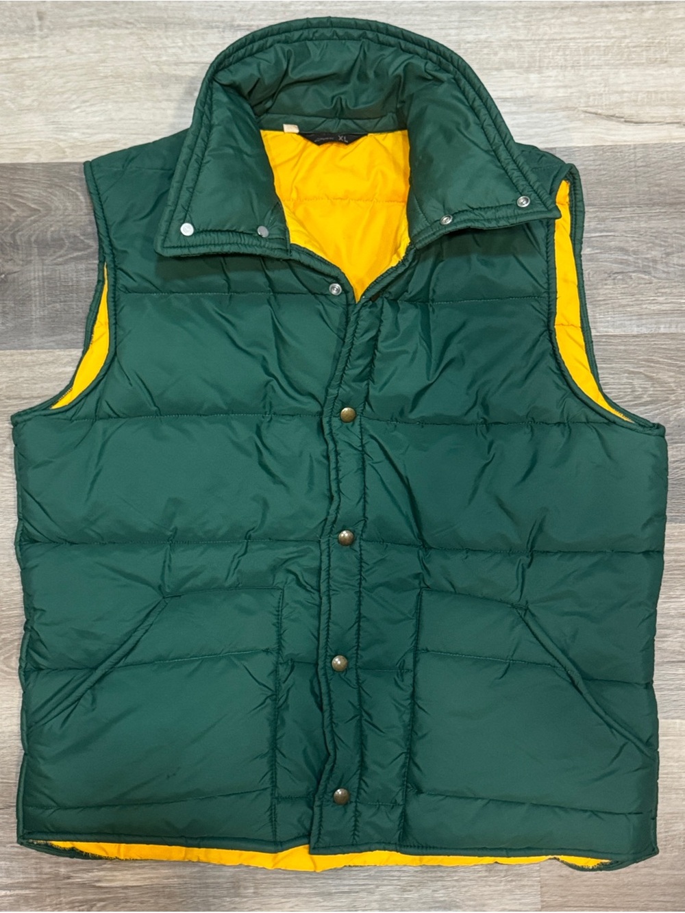 Vintage 70s 80s jcpenney Men's Reversible Puffer Vest Green & Yellow Lining Down